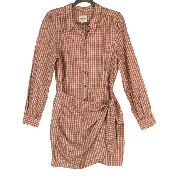 Sezane Jamy Linen Check Shirt Dress Faux Wrap Women 42 Pink Plaid Long Sleeve - Picture 3 of 16